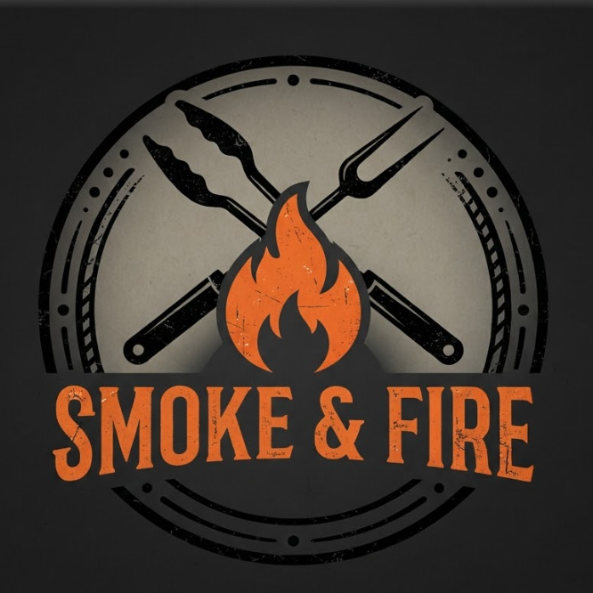A 1:1 rugged vector logo for a BBQ restaurant. Crossed grilling tongs and a meat fork are centered over a stylized orange flame. The design has a slightly weathered, stamp-like texture. The typography "SMOKE & FIRE" uses a bold, distressed slab-serif font. The color scheme is dark charcoal and fiery orange.