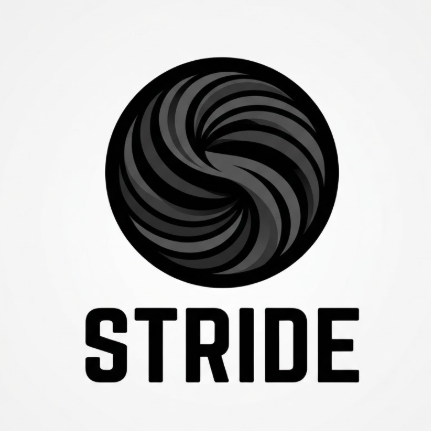 A high-contrast 1:1 monochrome vector logo. The icon features a stylized letter 'S' enclosed in a perfect circle, using layered black and dark grey curved shapes to create a sense of rotation and depth, similar to the reference. Below the icon, the text "STRIDE" is in a heavy, black architectural font. The layout is perfectly centered on a light grey background.