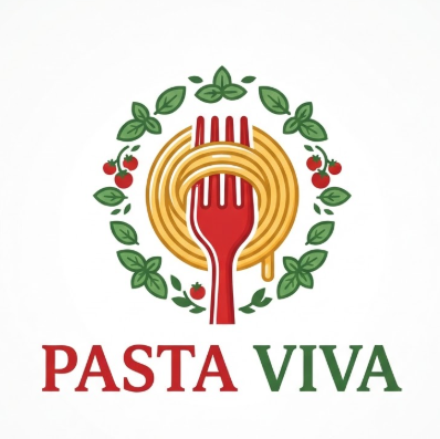 A 1:1 artistic vector logo for an Italian bistro. A central red fork is shown twirling a thick, single strand of yellow spaghetti that forms a perfect circle around the fork tines. The design uses the colors of the Italian flag: red, green, and white. Clean and bold typography reads "PASTA VIVA" at the bottom.