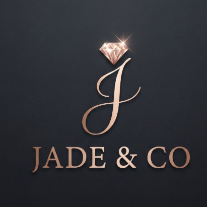 An elegant 1:1 vector monogram of the letter 'J'. The letter is drawn with thin, high-contrast strokes and features a sparkling diamond-shaped dot. Color is rose gold. Below the icon, "JADE & CO" is written in an elegant, wide-spaced serif font. Set on a dark charcoal background.