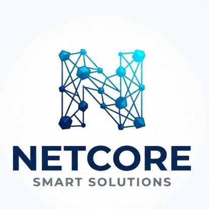  A professional 1:1 vector logo design featuring a stylized letter 'N'. The letter is constructed from geometric nodes and connecting lines, representing a network. Colors are a gradient of electric blue and deep navy. The icon is isolated on a pure white background. Below the icon, "NETCORE" is written in a bold, modern sans-serif font, with "SMART SOLUTIONS" as the slogan in smaller grey capital letters.