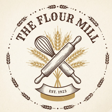 A 1:1 vintage-style logo for a bakery. The icon features a crossed whisk and rolling pin over a silhouette of a golden wheat stalk. The illustration is in a dark chocolate brown line-art style. The text "THE FLOUR MILL" is arched over the top in a classic retro serif font. The background is a soft beige parchment texture.