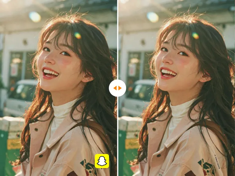 Before-and-after example of a visible Snapchat logo removed from a portrait photo