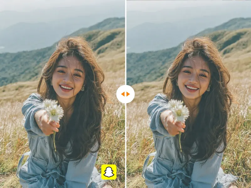 Before-and-after example of a visible Snapchat logo removed from an outdoor photo