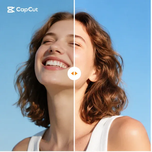 CapCut watermarked portrait video frame with a before after divider