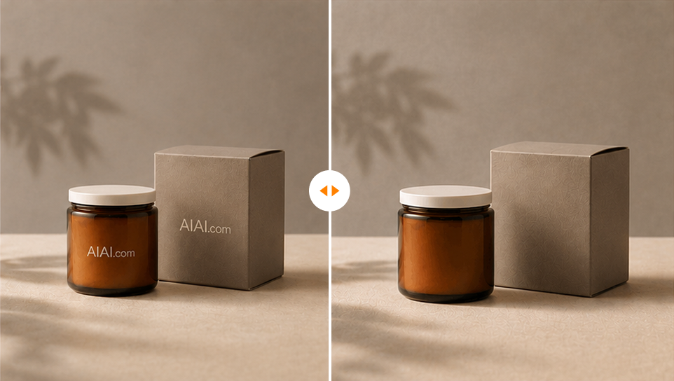 Packaging photo before and after logo removal