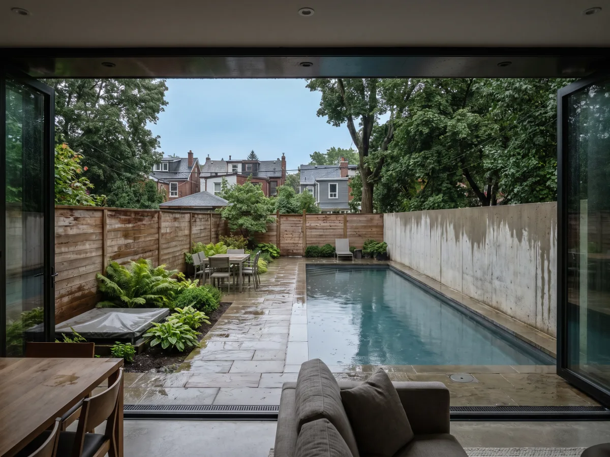 Modern resort pool with clean geometry and pale stone