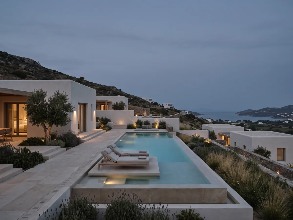 Mediterranean poolscape with warm stone and textured planting