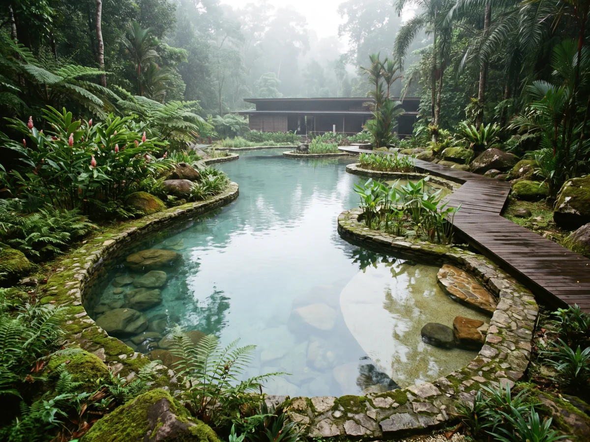 Natural lagoon pool with organic edges and layered planting