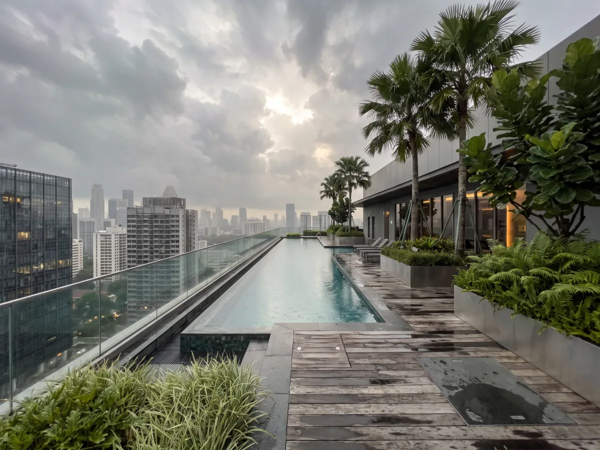 Infinity-edge pool with an open waterline and distant view