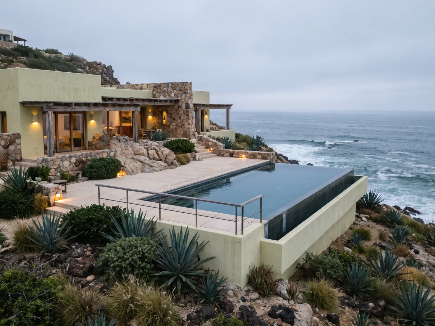 AI pool concept with a landscaped backyard and outdoor living area