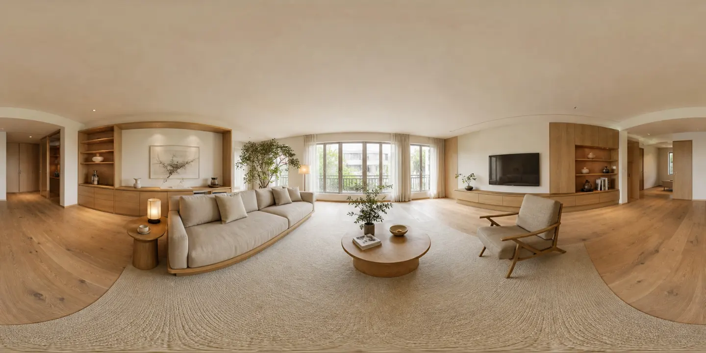 Interactive Japandi living room panorama generated from a selected floor plan room