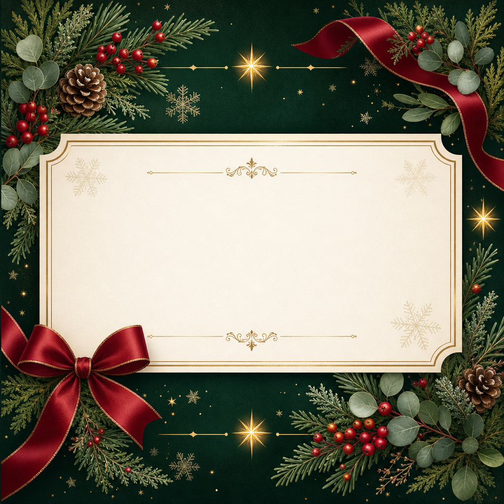 Festive AI-designed holiday gift certificate with winter greenery