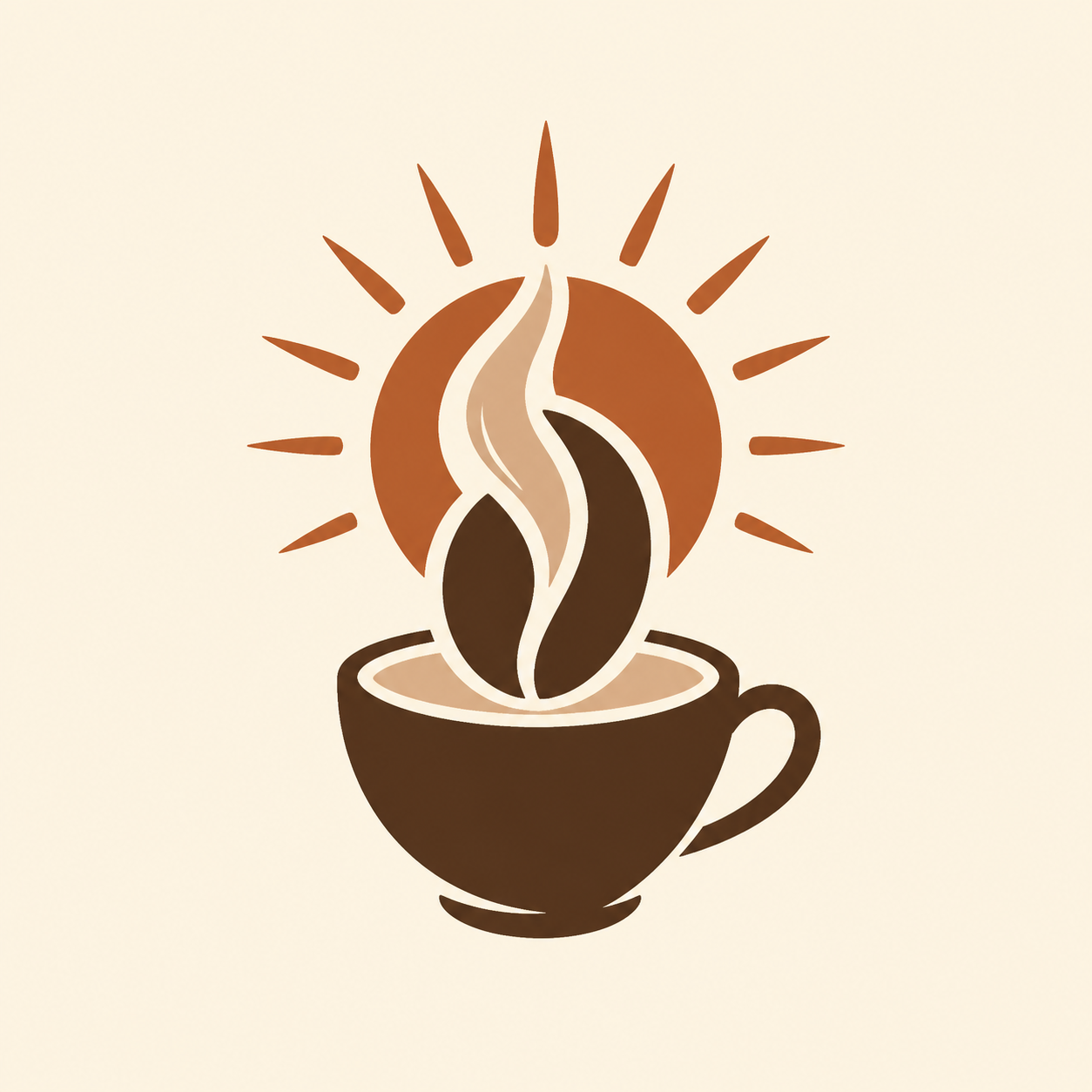 AI-generated coffee shop logo with cup, coffee bean, steam and sunrise