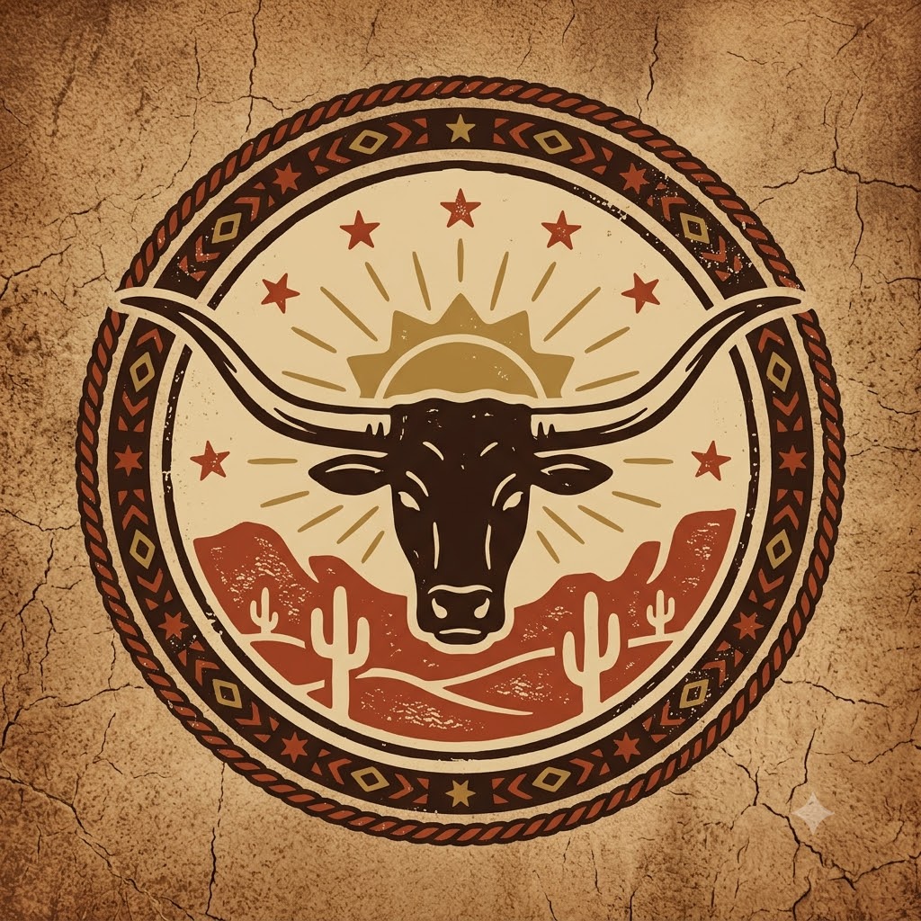 Western vintage AI logo badge with longhorn and desert sun