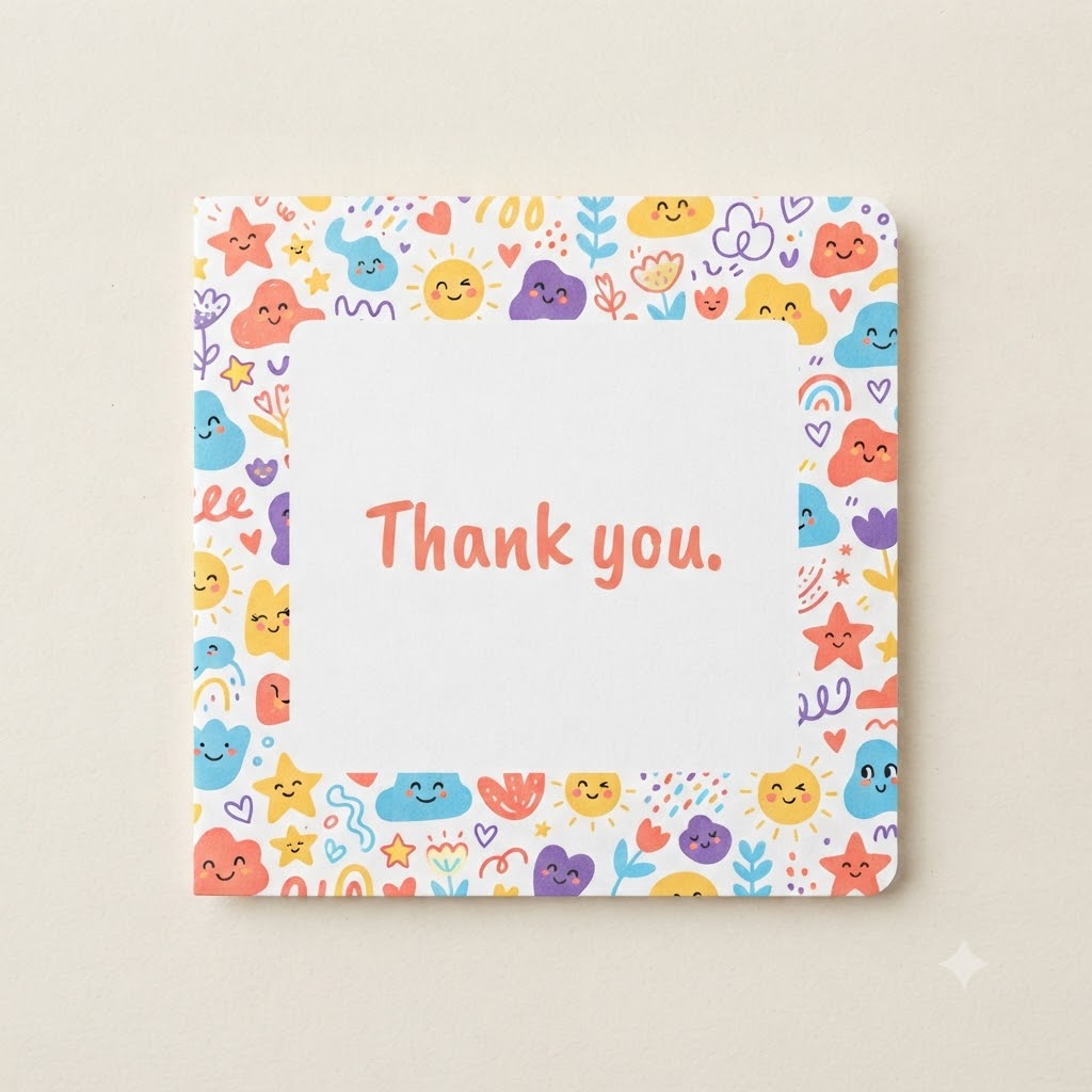Playful AI thank you card with colorful doodles and stars