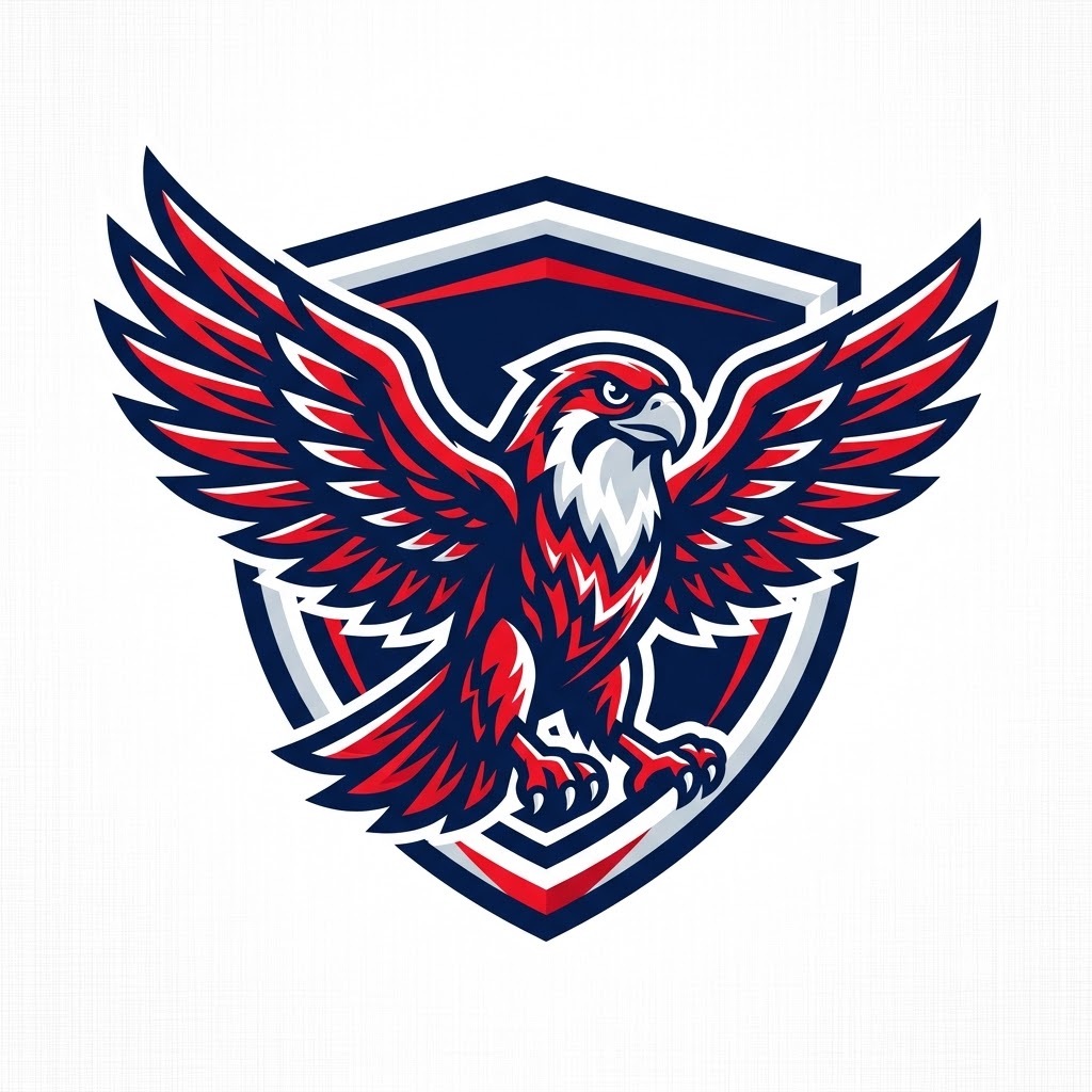 Energetic AI falcon mascot logo for a youth sports team