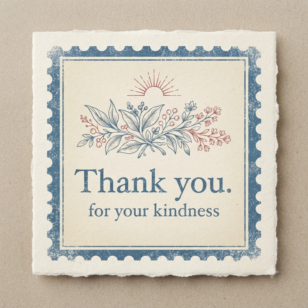 Vintage AI thank you card with classic stamp and botanical details