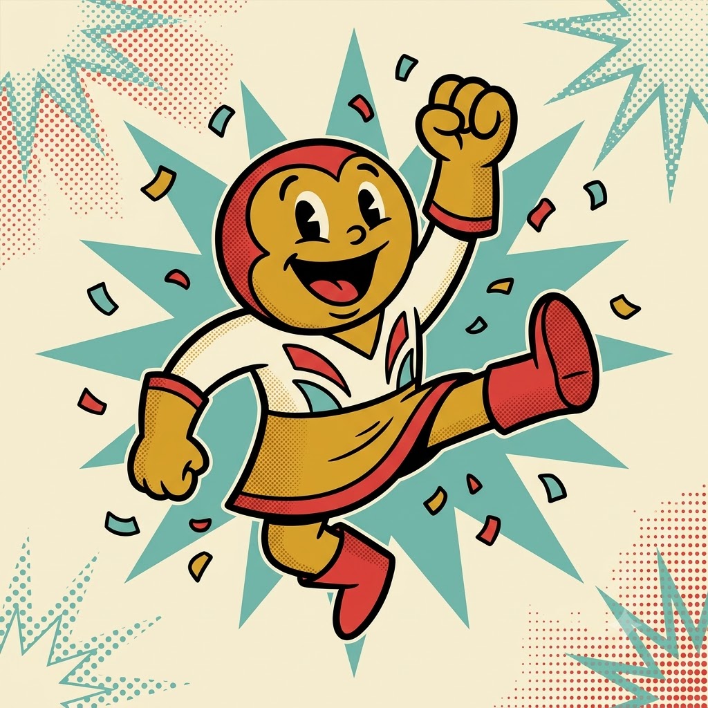 Vintage comic AI mascot with bold outlines and retro colors