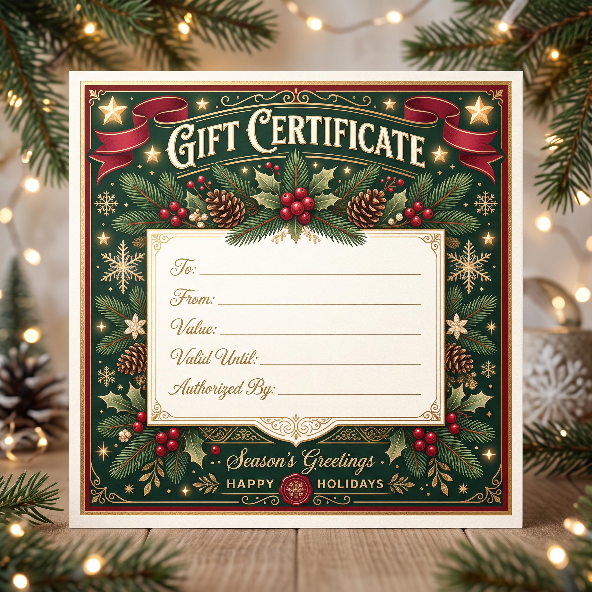 Festive AI holiday gift certificate with evergreen and snowflake details