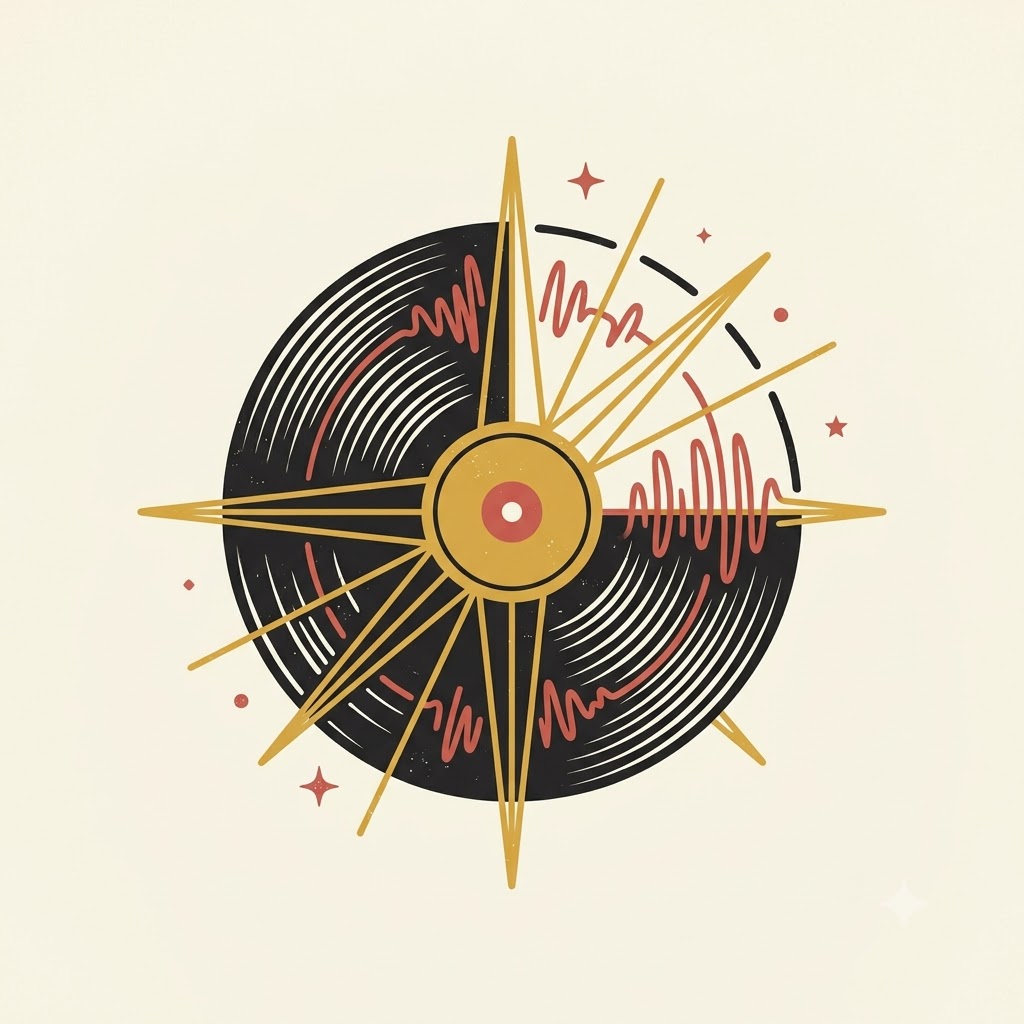 Retro AI music logo with vinyl record and sound wave details