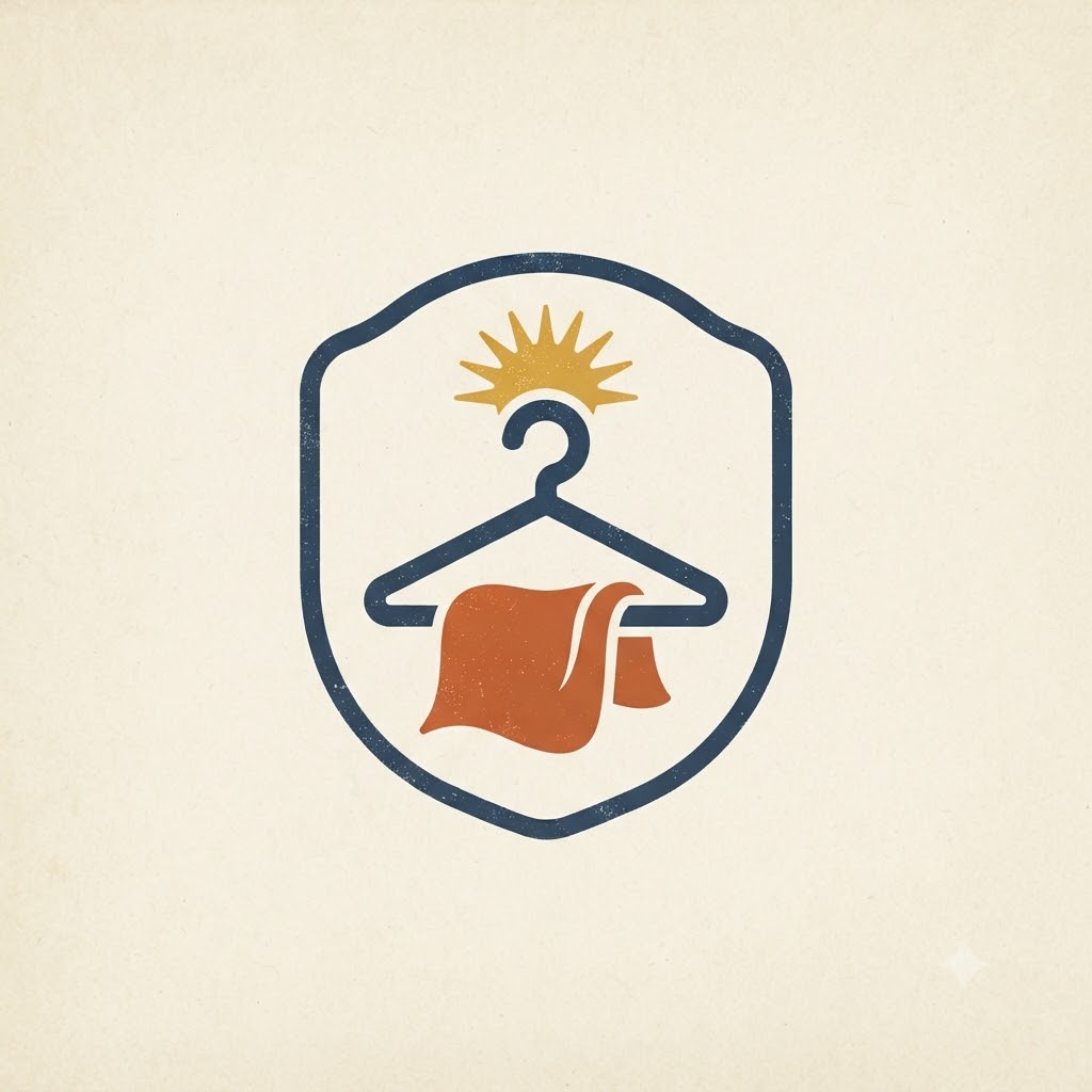 Retro AI clothing shop logo with hanger and sunburst details