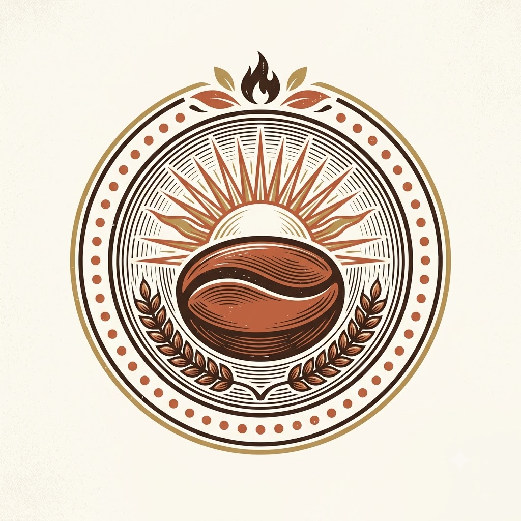 Vintage AI coffee logo with coffee bean and sunrise emblem