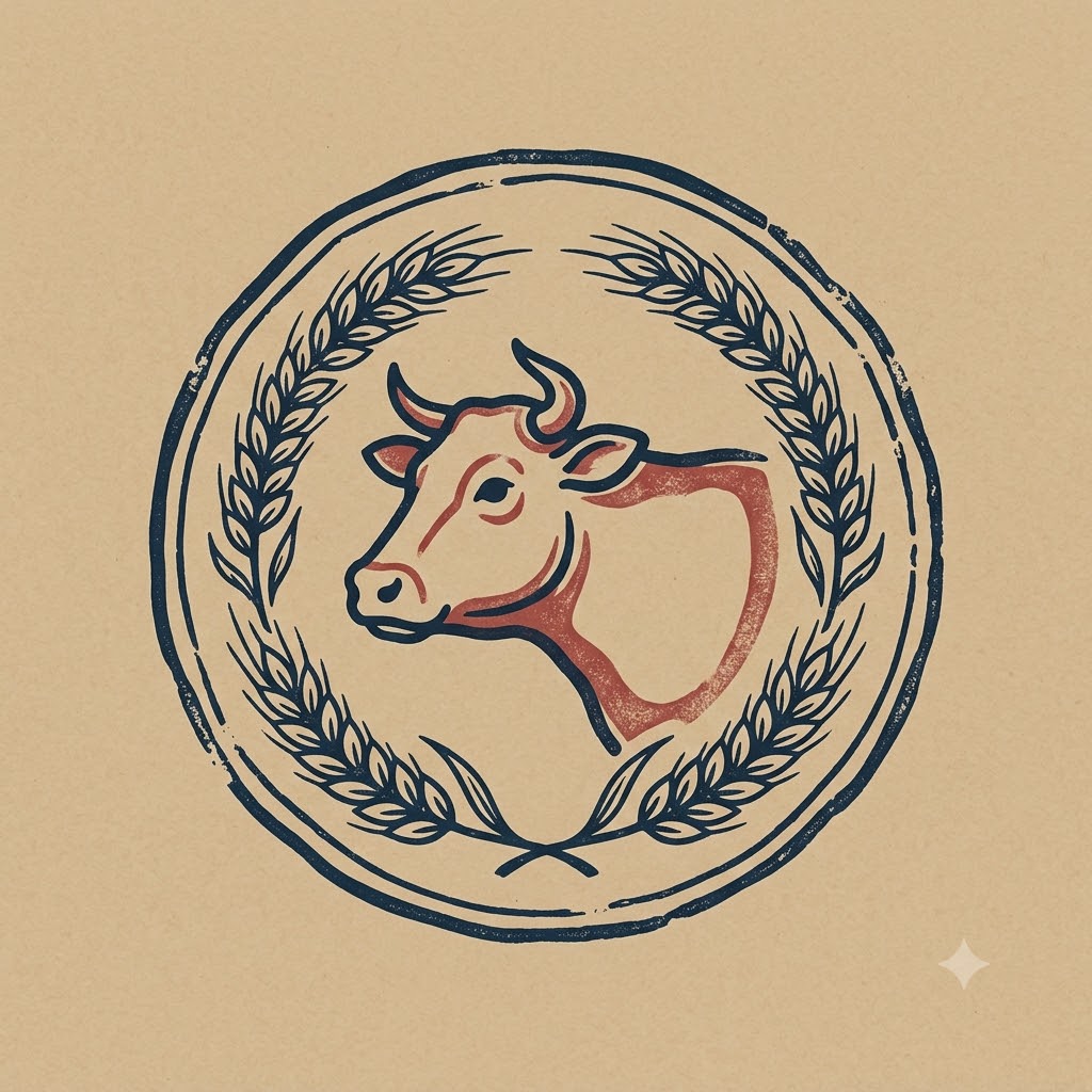 Handcrafted AI cattle logo stamp with rustic farm details
