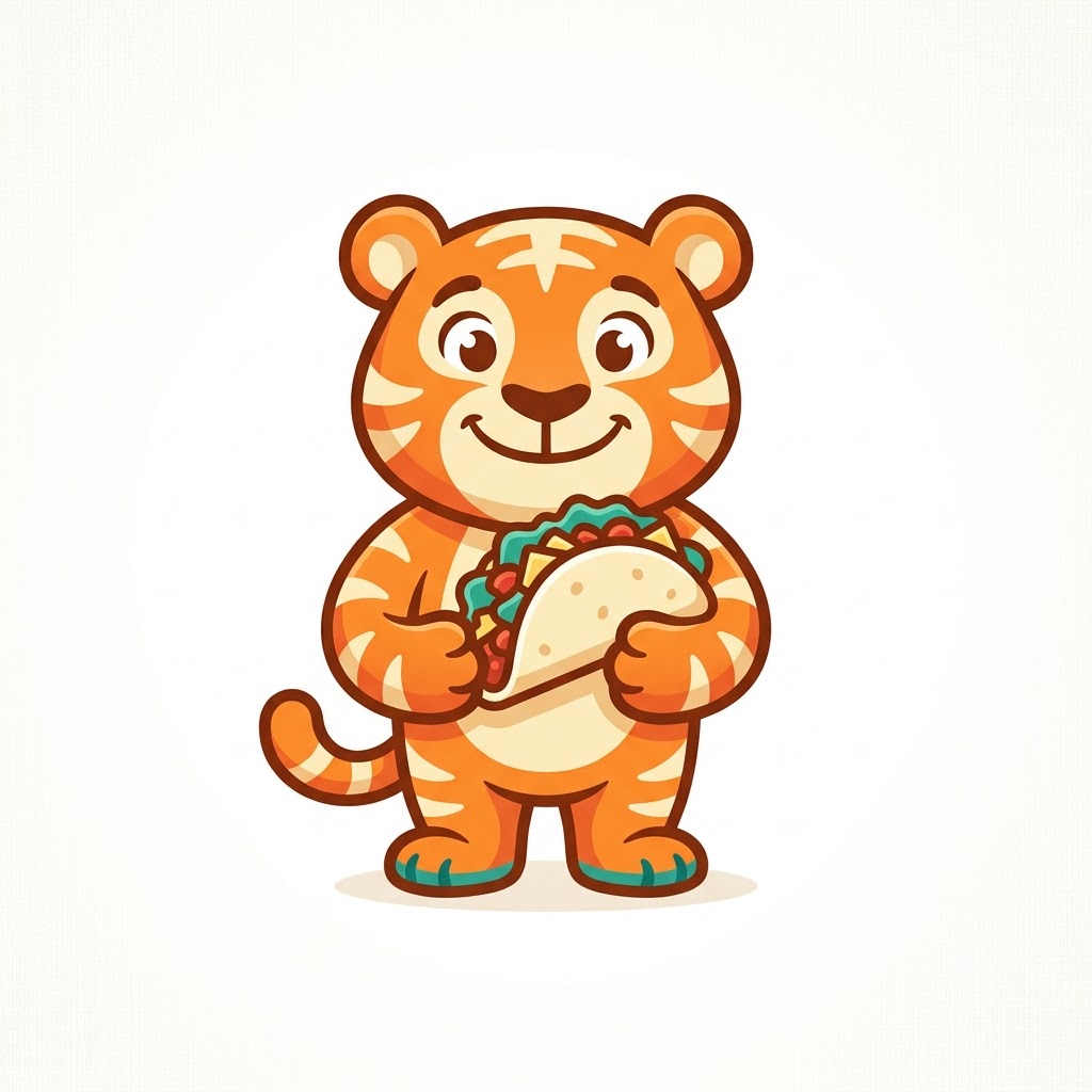 Playful AI tiger mascot logo for a casual food brand