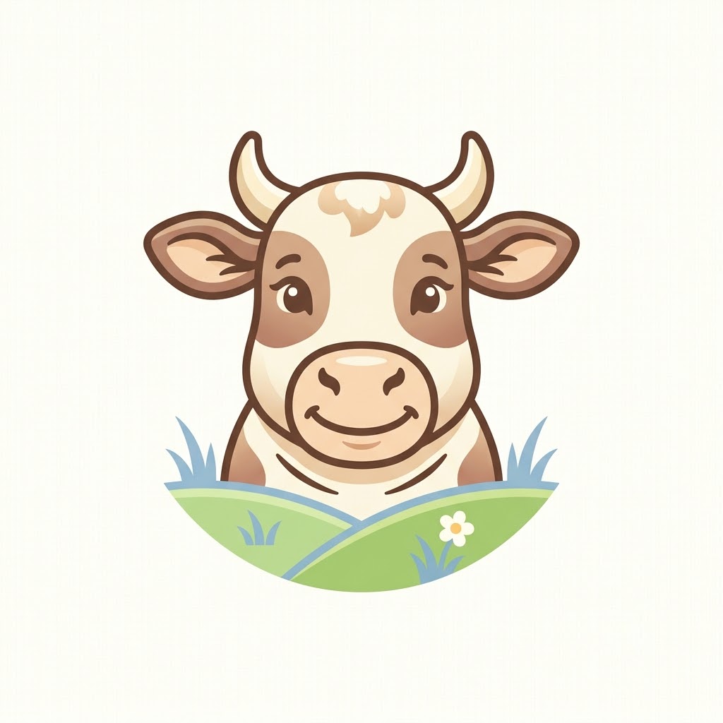 Friendly AI cow mascot logo for a family dairy farm