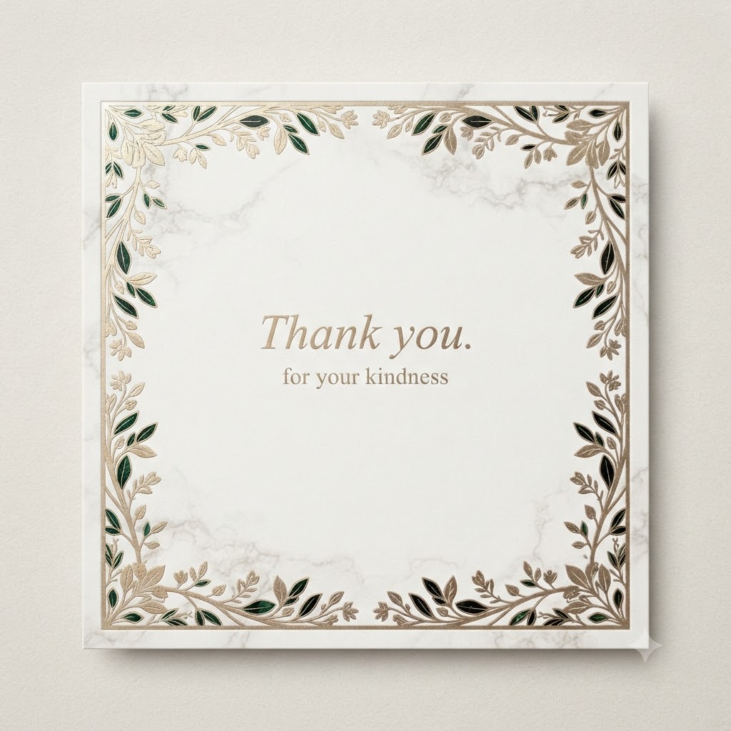 Luxury AI thank you card with gold foil inspired botanical border