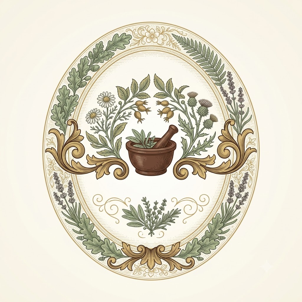 Vintage AI apothecary logo with botanical leaves and mortar icon