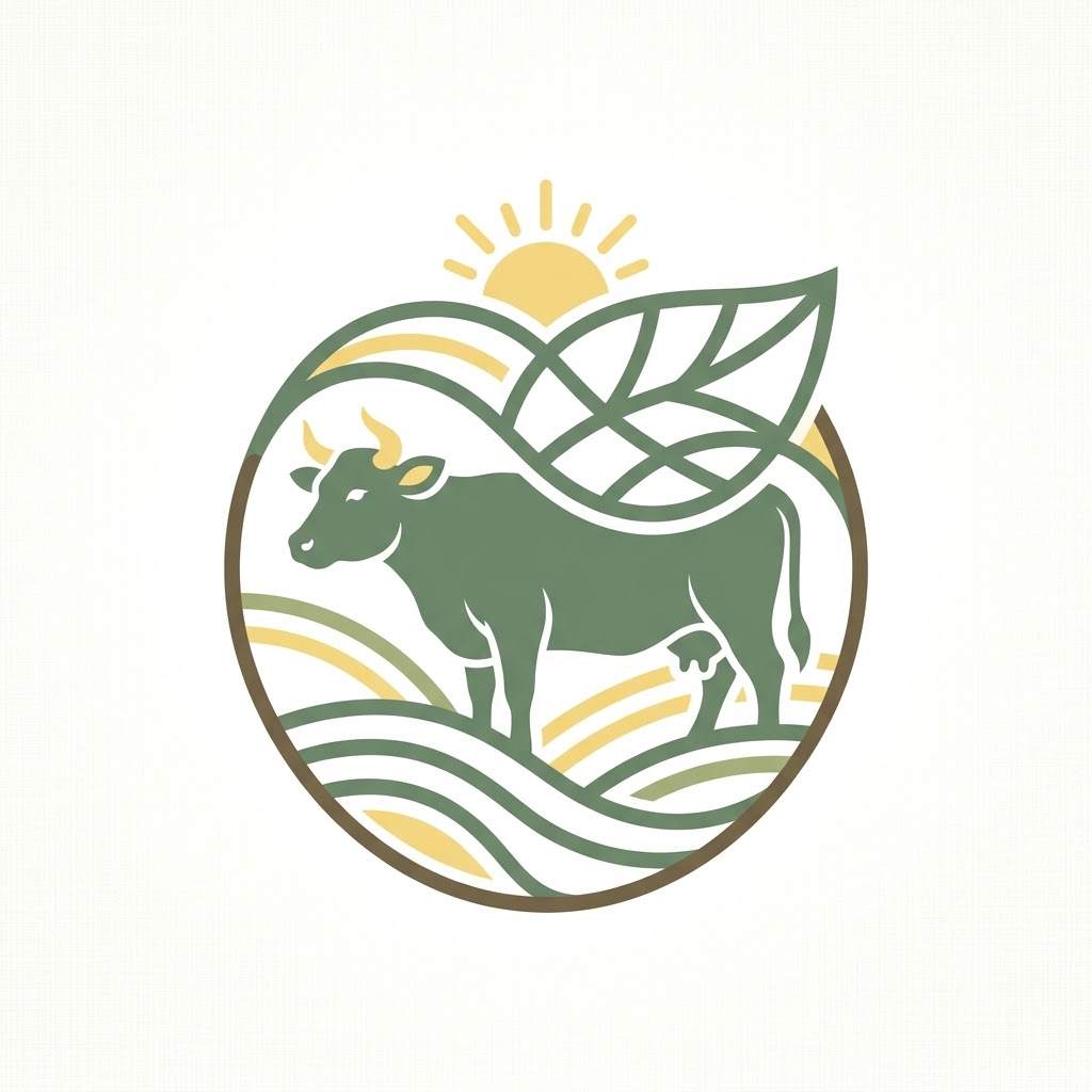 Organic AI cattle logo with cow, pasture and leaf elements