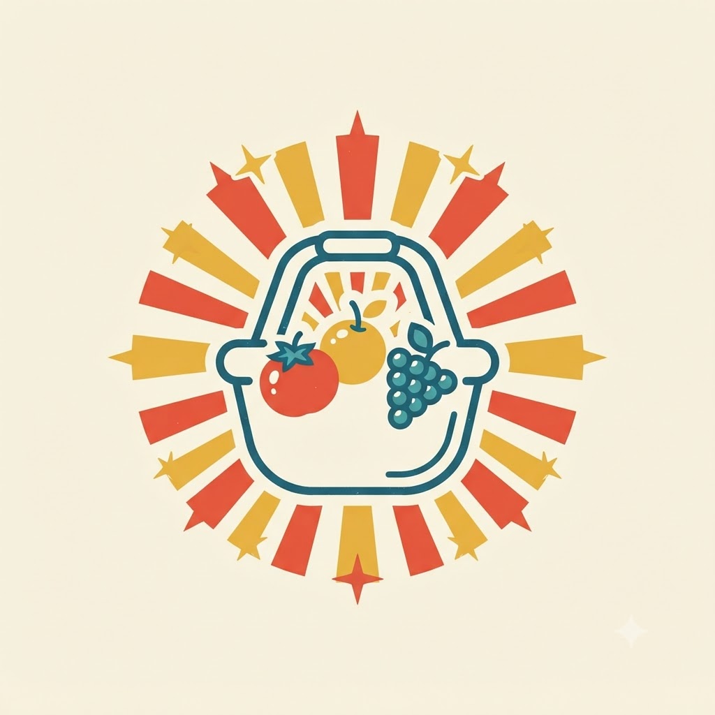 Retro AI shop logo with basket and sunburst details for a local market