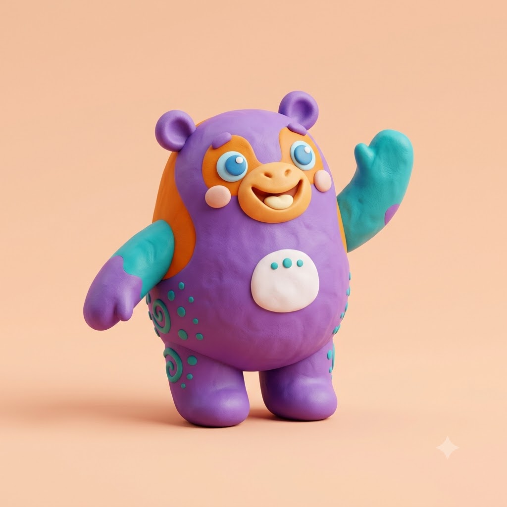 Playful AI mascot rendered as a colorful clay character