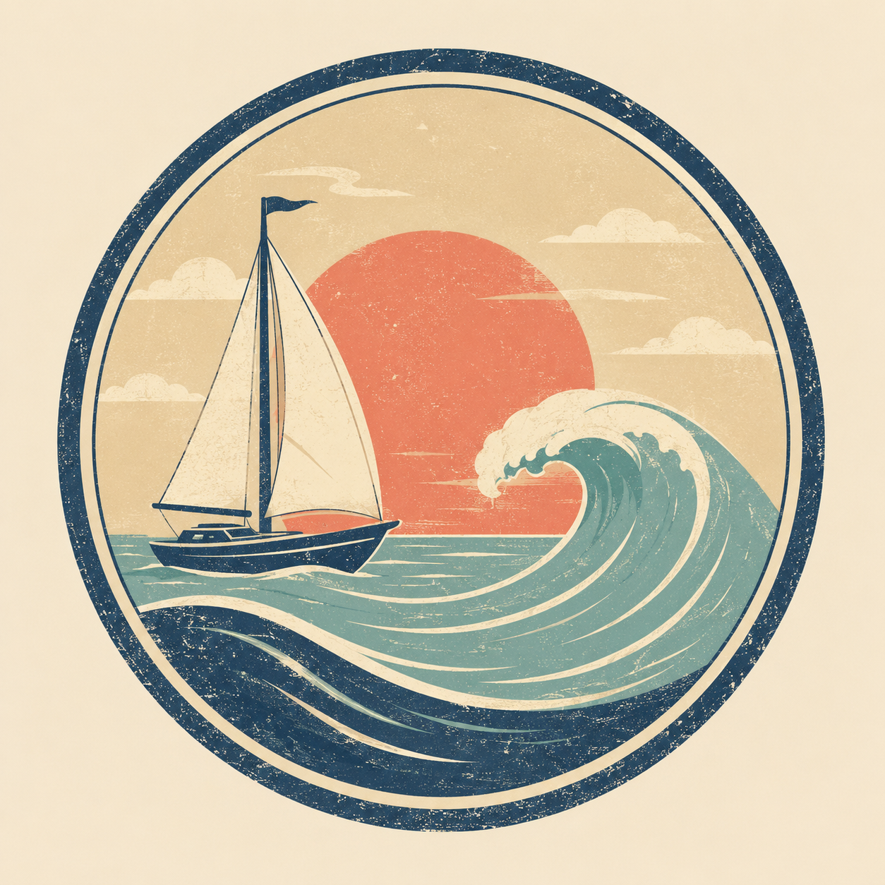 Vintage AI coastal logo with wave, sailboat and sun details