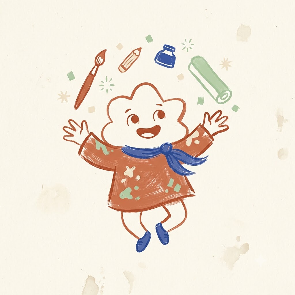 Hand-drawn AI mascot with expressive lines and playful colors