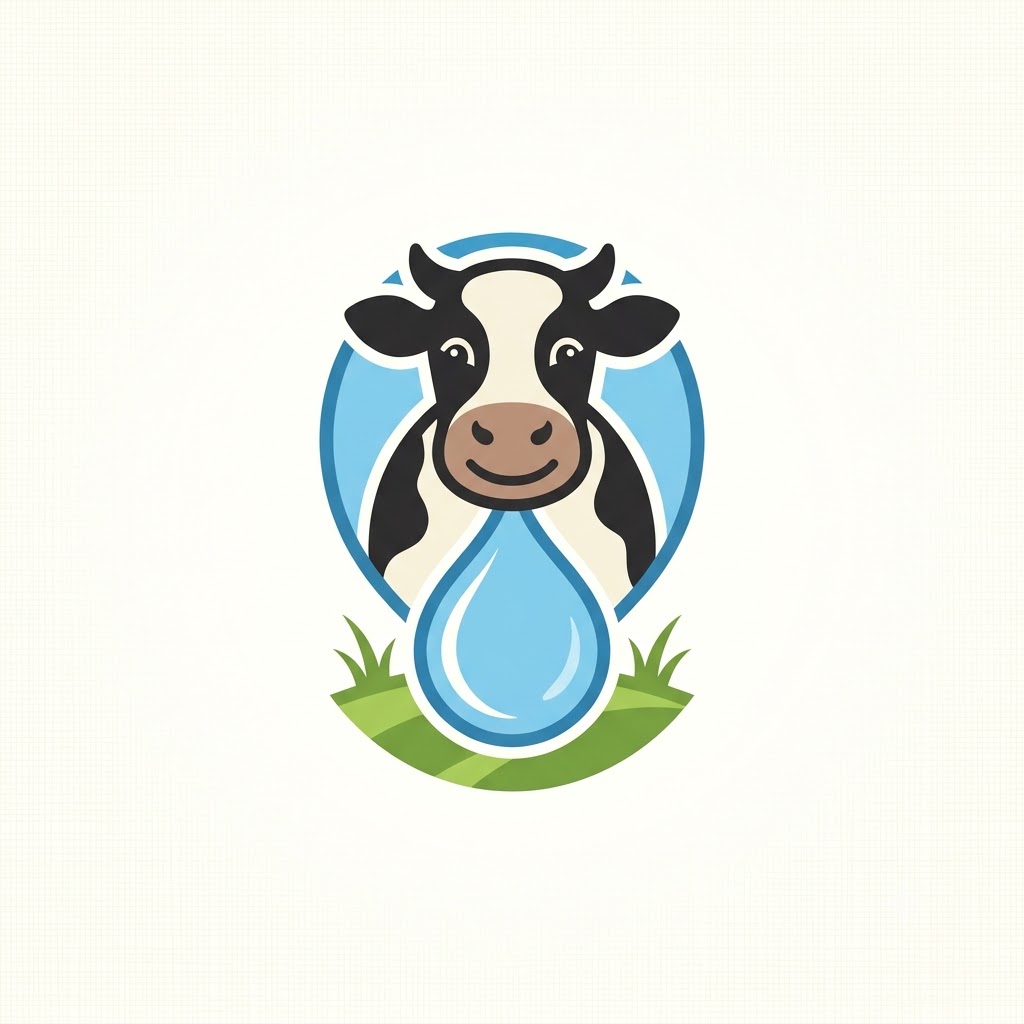 Friendly AI dairy logo with a cow and milk drop icon