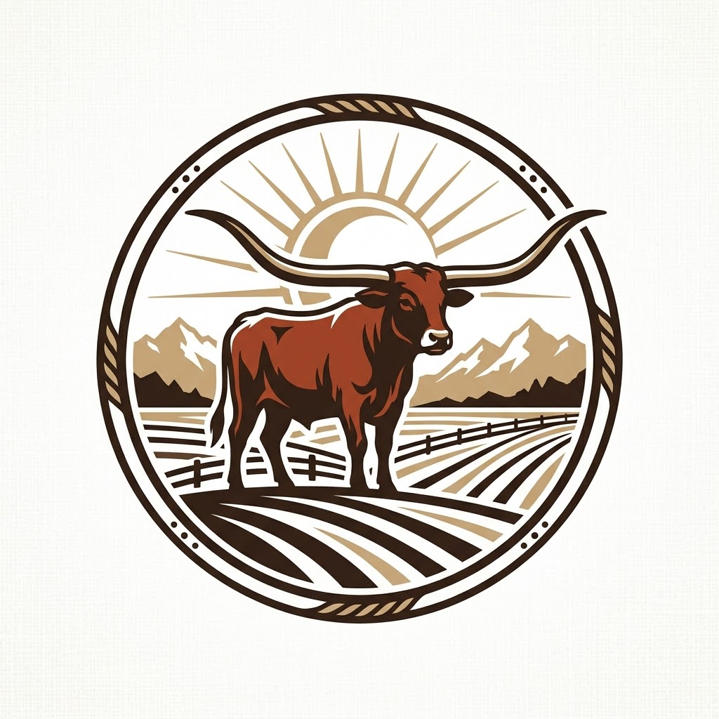 Authentic AI ranch logo with longhorn and mountain landscape