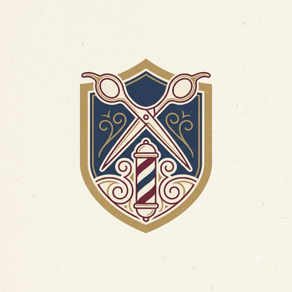 Vintage AI barbershop logo with scissors and striped pole details