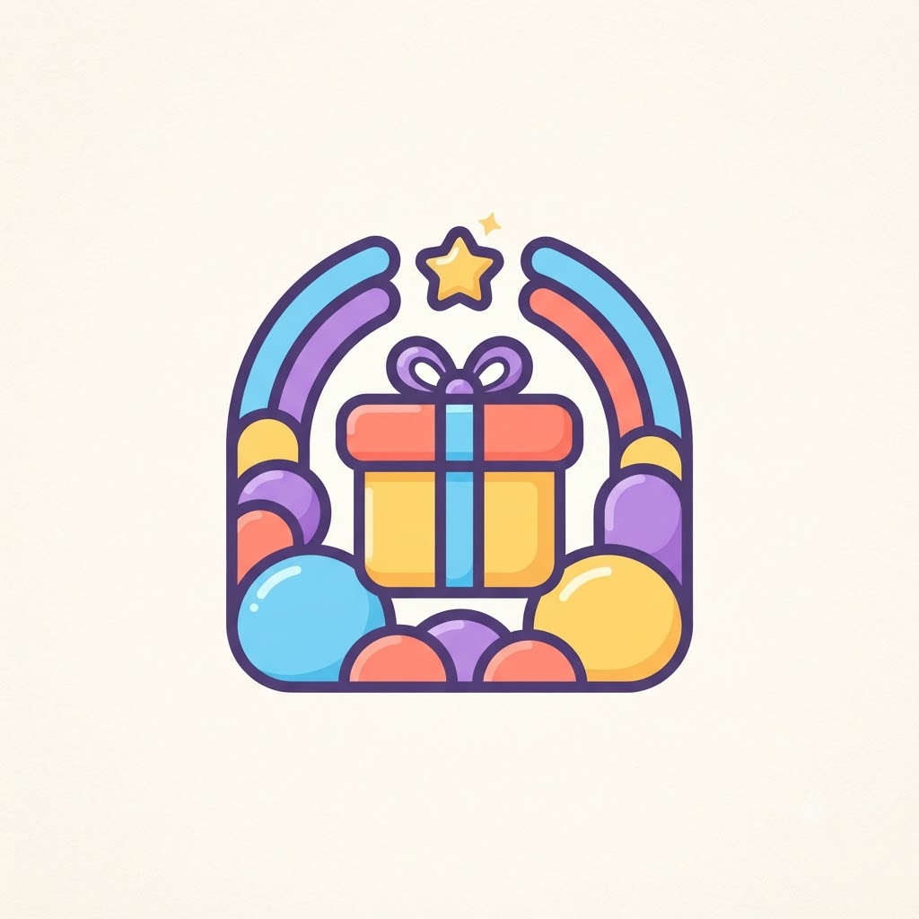 Playful AI shop logo with gift box and star illustrations