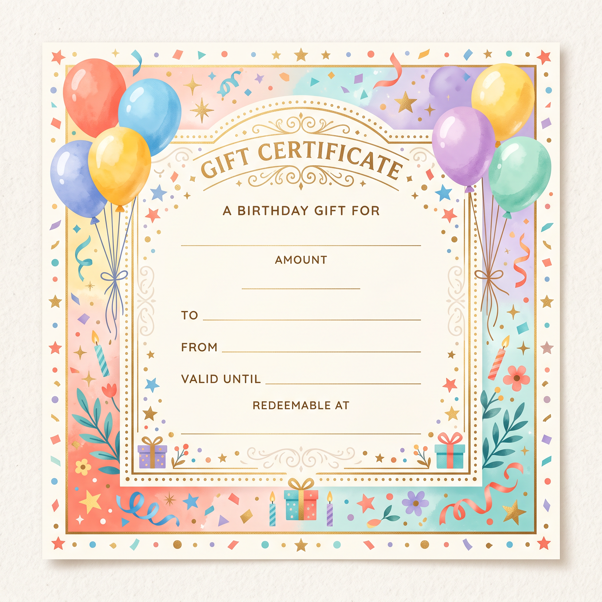 Colorful AI birthday gift certificate with balloons and confetti