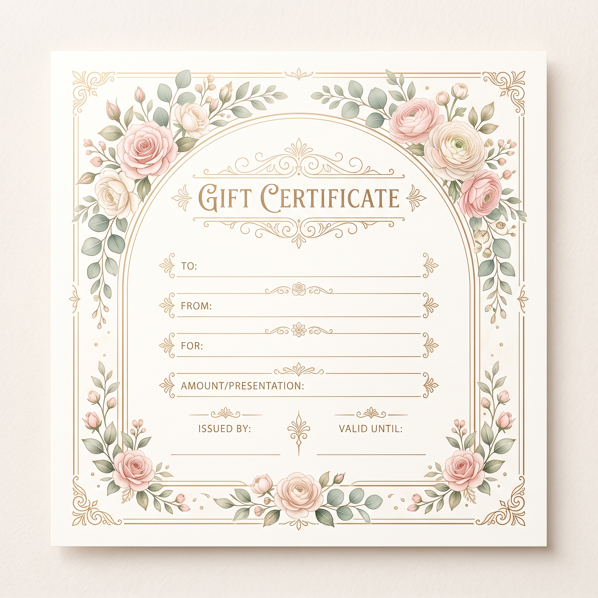 Elegant AI wedding gift certificate with floral and gold details