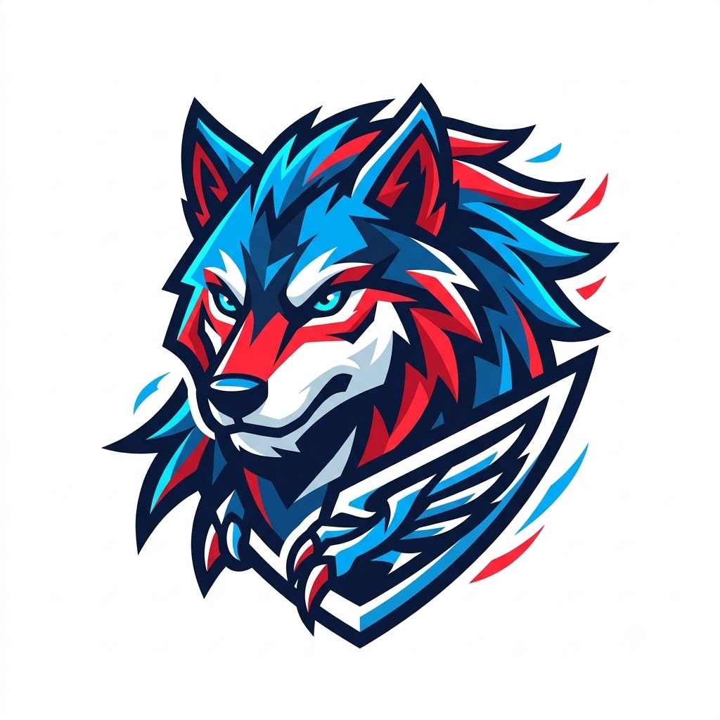 Bold AI esports mascot with sharp lines and energetic expression