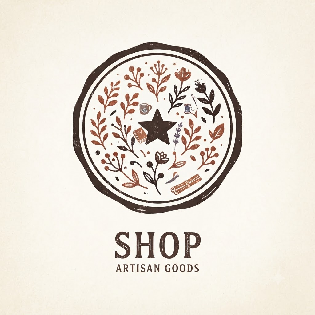 Handcrafted AI shop logo with a rustic seal and botanical detail