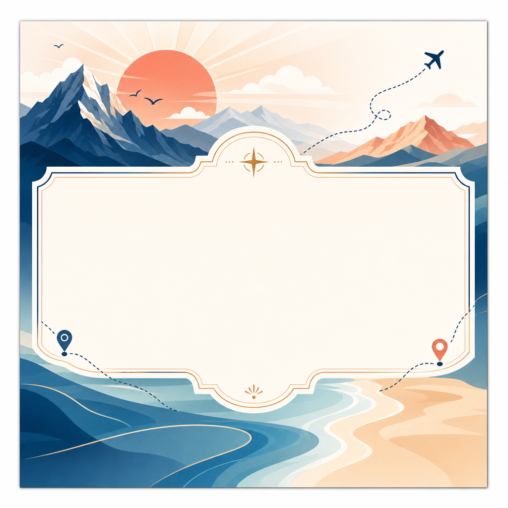 Bright AI-designed travel gift certificate with abstract landscape artwork