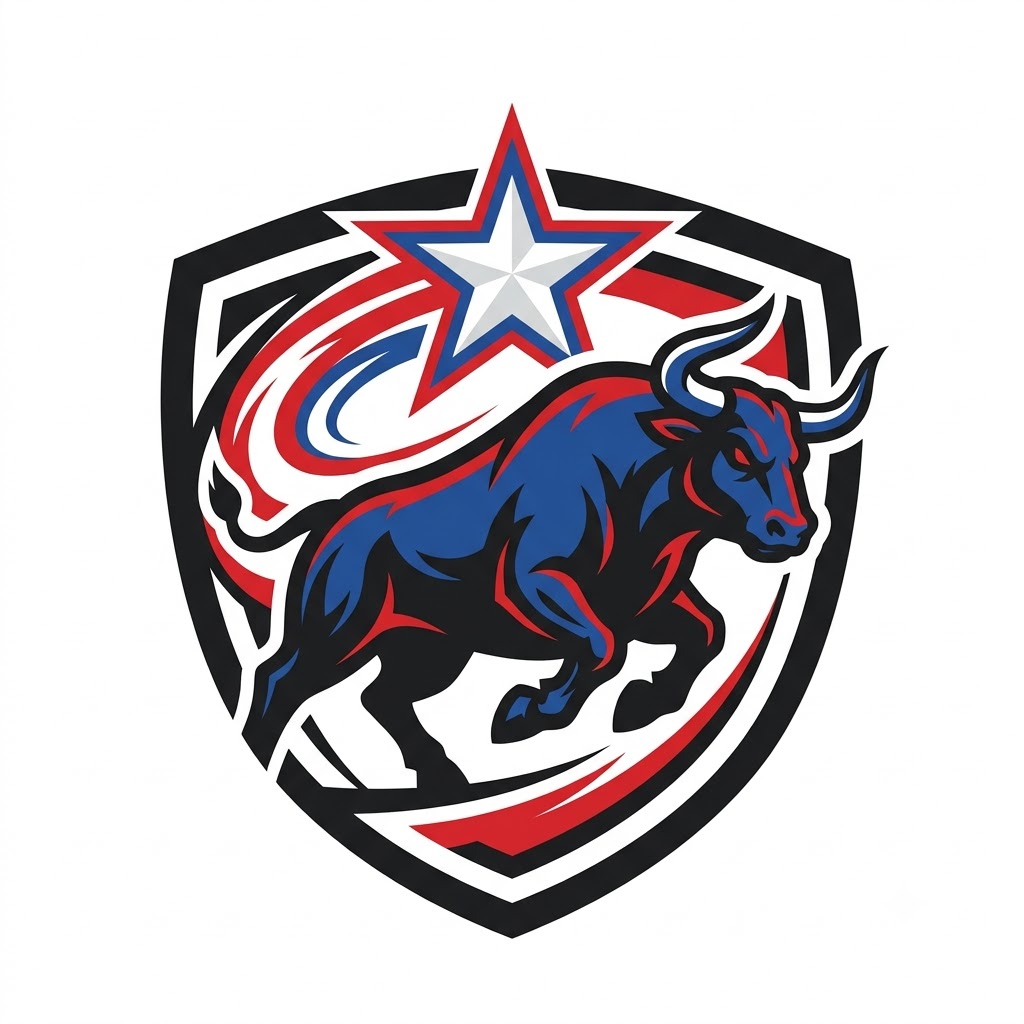 Dynamic AI rodeo logo with charging bull and star accents