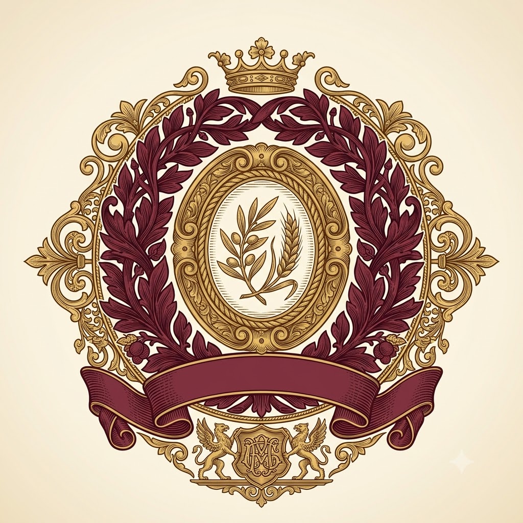 Victorian inspired AI logo crest with botanical engraving details