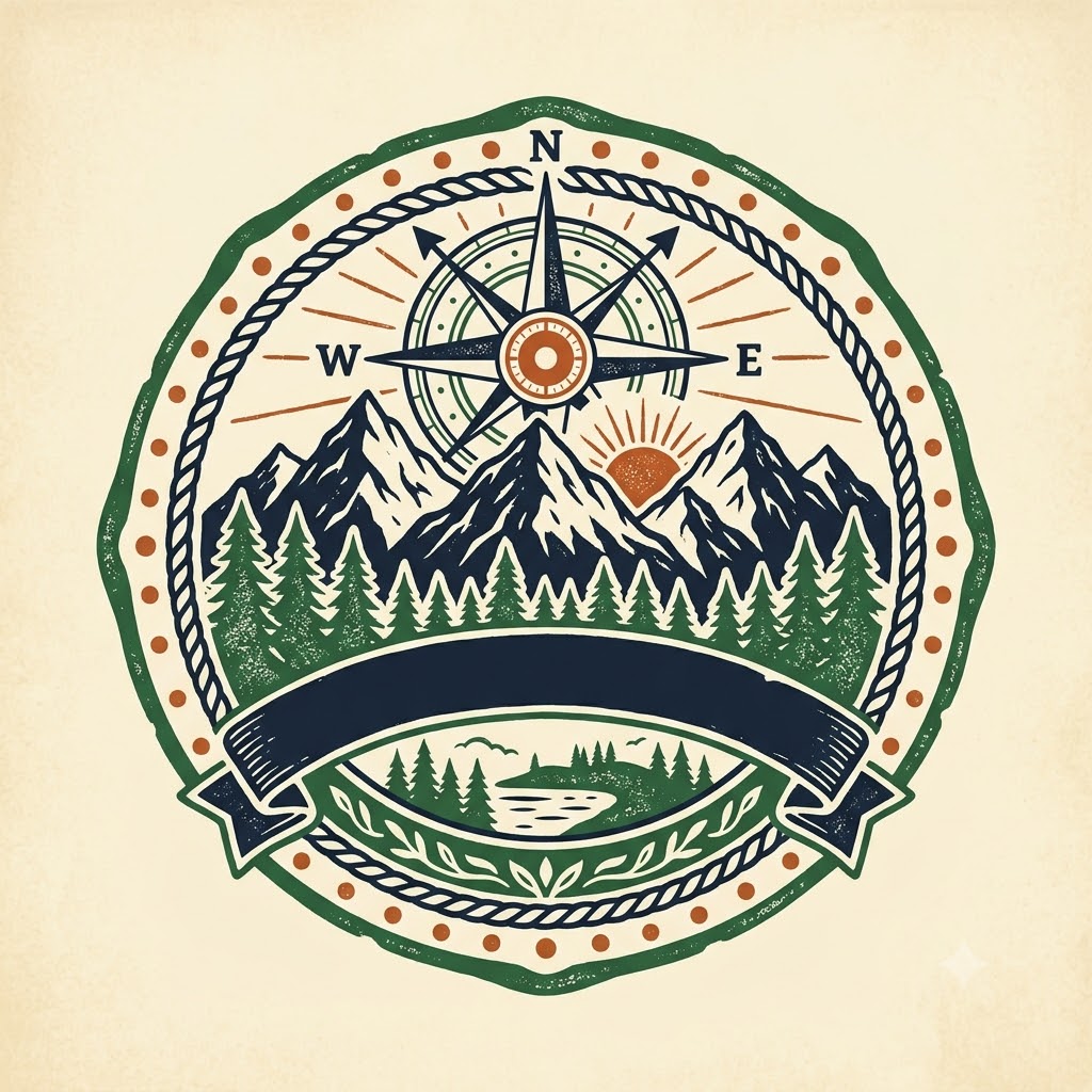 Vintage AI outdoor logo with mountain and compass details