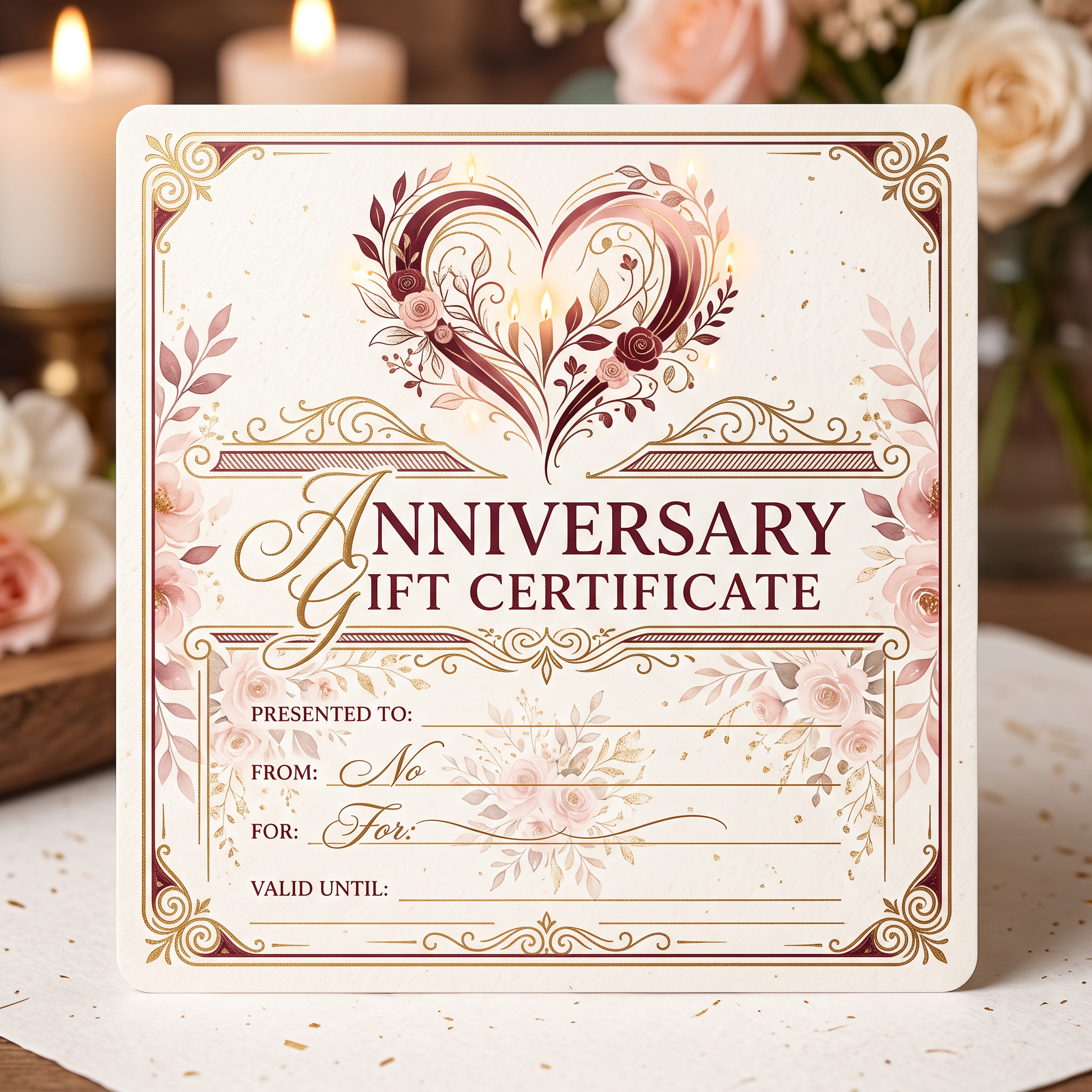 Romantic AI anniversary gift certificate with hearts and floral details